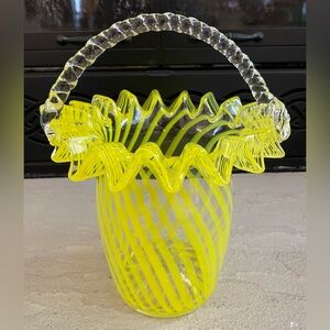Vintage Mid Century Italian Glass Art Yellow Striped Basket